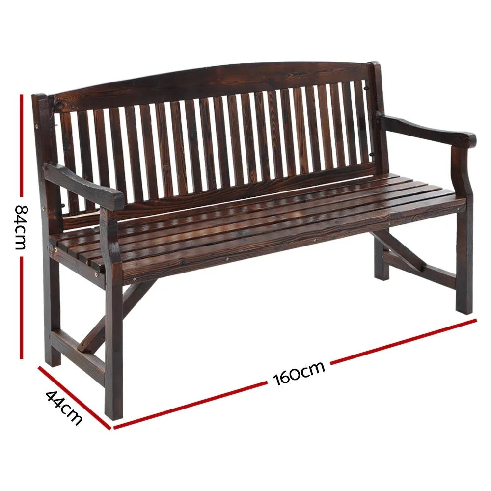 Rustic three-seater wooden garden bench showing smooth finish and visible wood grain