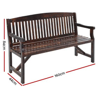 Rustic three-seater wooden garden bench showing smooth finish and visible wood grain