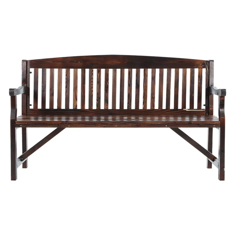 Close-up side view of handcrafted natural fir wood bench armrest with detailed texture