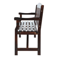 Front view of sturdy wooden garden bench designed for outdoor use seating three people