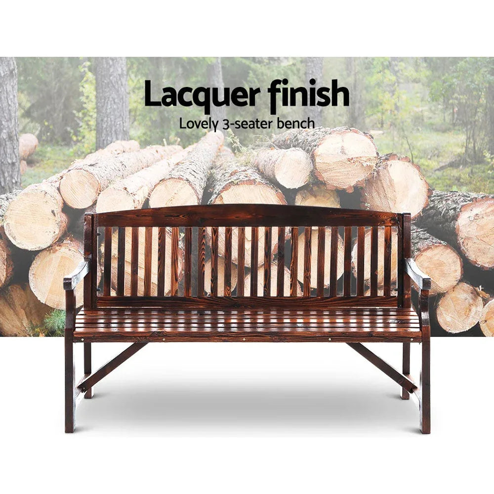 Back view of wooden outdoor bench highlighting its solid construction and natural finish