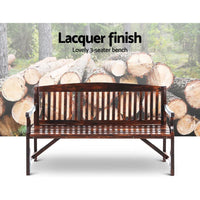 Back view of wooden outdoor bench highlighting its solid construction and natural finish