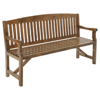 Rustic natural fir wood garden bench with slatted back and seat on outdoor patio
