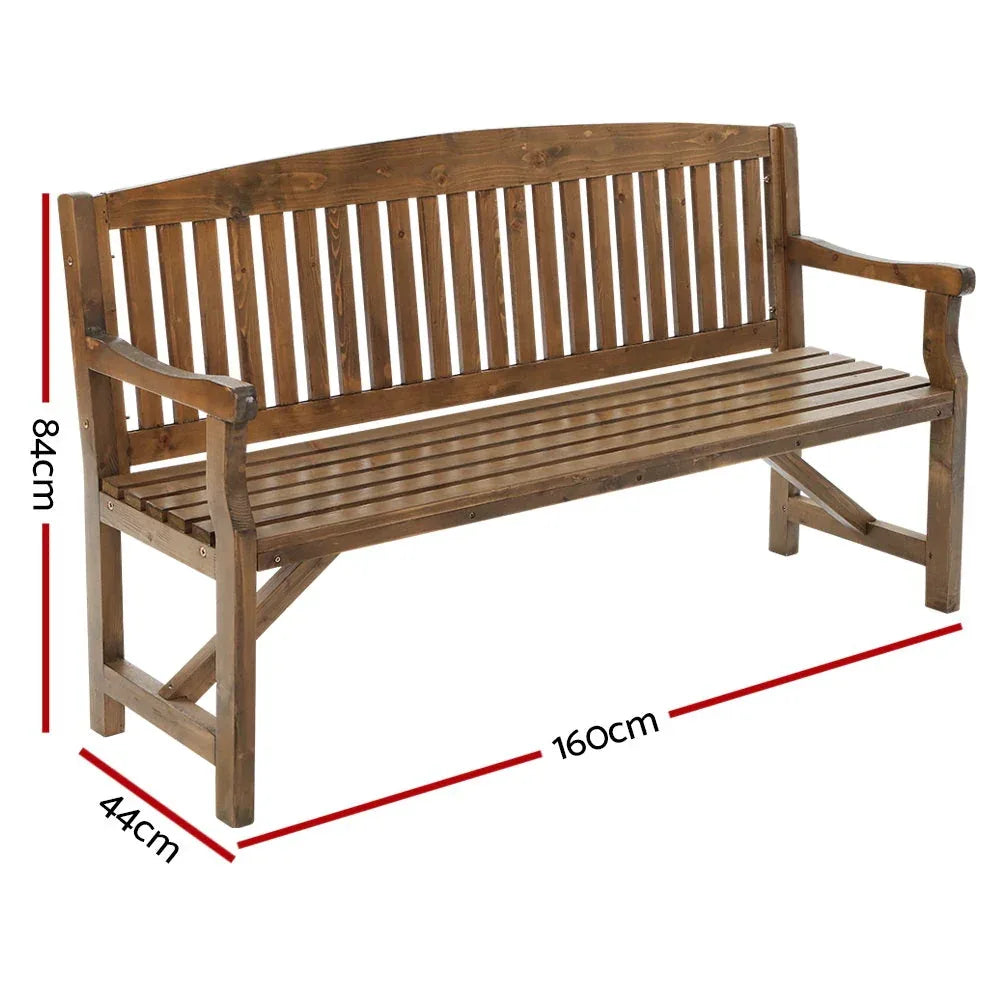 Side view of handcrafted wooden garden bench showcasing smooth natural finish