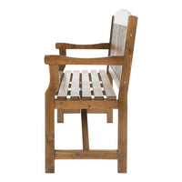 Rustic garden bench seating three people with armrests and natural wood tones