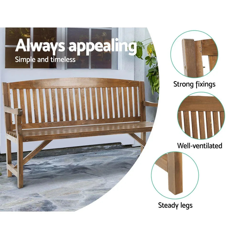 Bench from angled view emphasizing solid wood frame and three-seat capacity