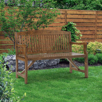 Natural wooden bench set against neutral background showcasing classic garden furniture design