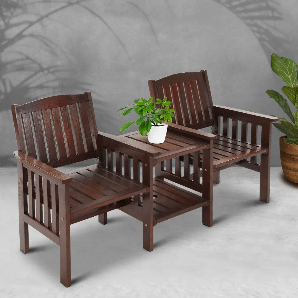 Natural wood garden bench loveseat with smooth finish, featuring two armchairs and integrated table.
