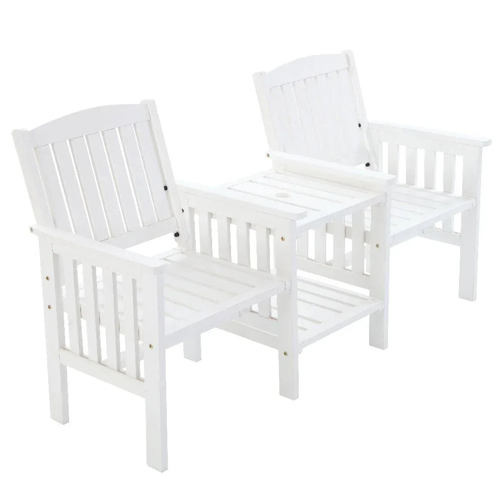 Natural fir wood 2-seater garden bench with integrated armchairs and adjoining table in outdoor setting.
