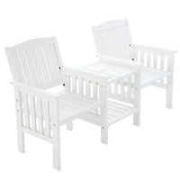 Natural fir wood 2-seater garden bench with integrated armchairs and adjoining table in outdoor setting.