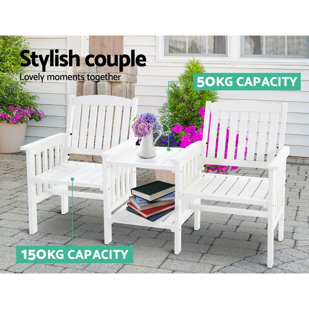 Side view of wooden loveseat with double-deck table and sturdy armchair construction.
