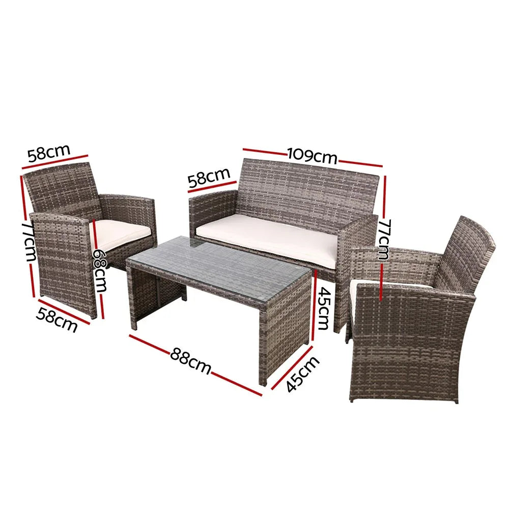 Close-up of eco-friendly PE wicker texture and steel frame of outdoor furniture armchair with gray cushions.