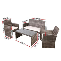 Close-up of eco-friendly PE wicker texture and steel frame of outdoor furniture armchair with gray cushions.