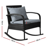 Side view of the Gardeon black wicker rocking chair showing curved armrests and cushion.