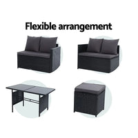 Outdoor setting showcasing modular black wicker sofa with beige cushions and adjustable seat hooks.