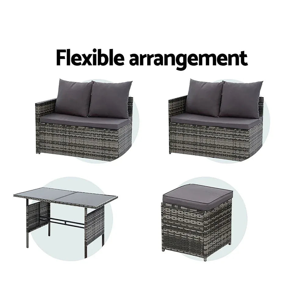 9-seater outdoor sofa set with ergonomic cushions placed on garden deck.