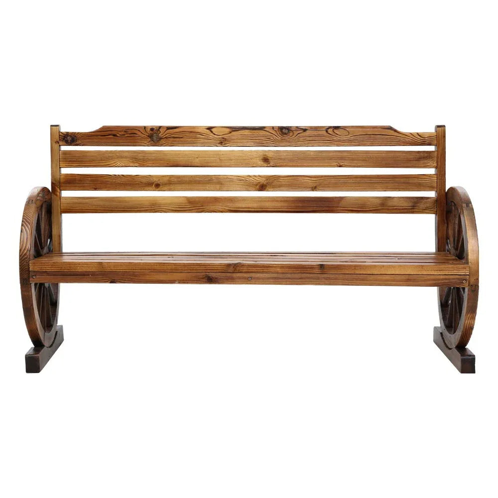 Side view showing smooth backrest and sturdy wooden frame of three-seat garden bench