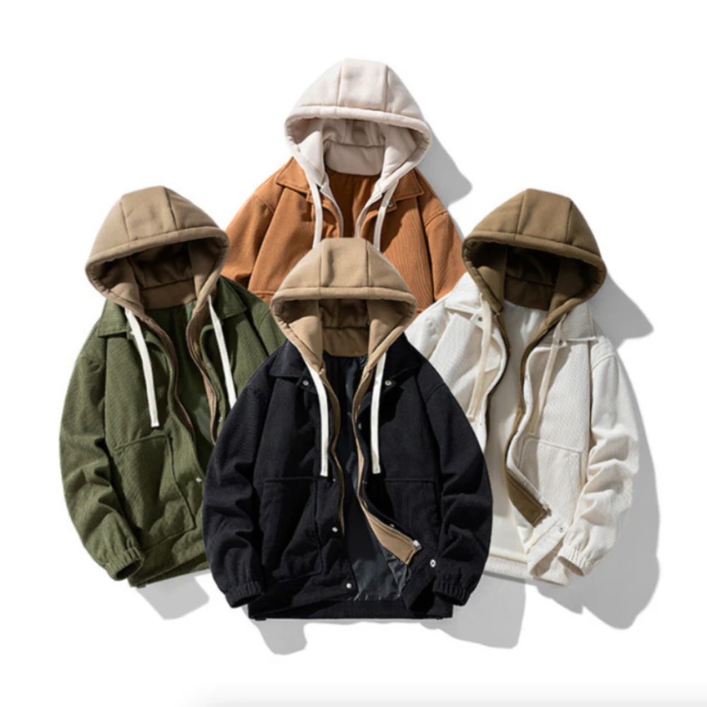 Mens Layered Look Hooded Corduroy Jacket With Faux Fur Lining