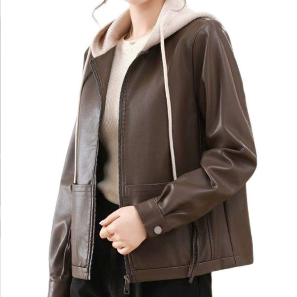 Women Vegan Leather Jacket with Removable Knit Hood