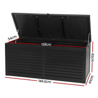 Side angle view of the black outdoor storage box showcasing integrated handles on both sides.