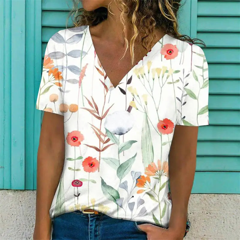 Women's Casual V-Neck T-Shirt with Floral Print