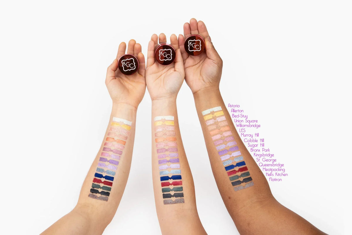 Hand swatching Meatpacking Shimmer Powder showing vivid jewel-toned green shimmer on skin.