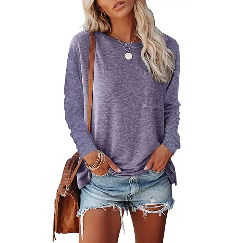 Pocket Split Long-sleeved Casual T-shirt
