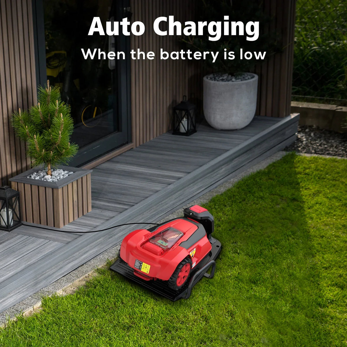 Robotic lawn mower automatically returning to its charging station outdoors