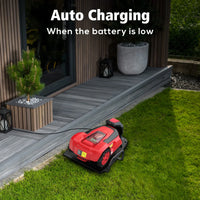 Robotic lawn mower automatically returning to its charging station outdoors