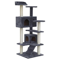 Tall gray cat tree with multiple platforms and sisal scratching posts in a living room setting.