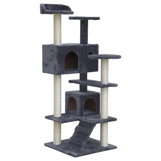 Tall gray cat tree with multiple platforms and sisal scratching posts in a living room setting.