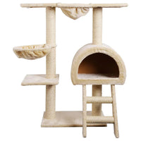 Close-up of the sisal-covered scratching post and plush platforms of the beige cat tree.