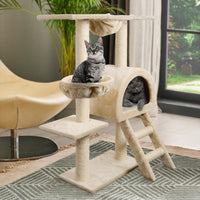 Tall cat tree with scratching posts and soft resting spots for cats to play and relax.