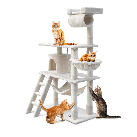 Beige multi-level cat tree with sisal scratching posts and soft platforms for cats to climb and rest.