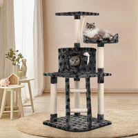 Beige cat tree with various levels, condo hideout, and hanging rope toy to engage cats.