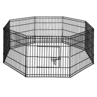 Black powder-coated steel 8-panel pet playpen arranged in an octagon on wooden floor.