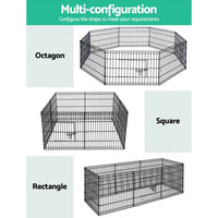 Folded black metal panels of pet playpen stacked for storage.
