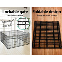 Wide view of 8-panel pet playpen with door panel open on wooden floor.
