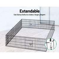 Two 8-panel pet playpen sets combined to create larger enclosed space.