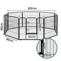Detail of black pet playpen panel showing mesh fencing and metal frame with powder-coated finish.
