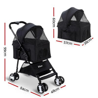 Side view of foldable black pet stroller showing large wheels and breathable fabric.