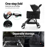 Pet stroller with front adjustable veil unzipped, allowing easy pet access.