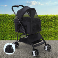 Folded pet stroller compactly stored, demonstrating easy transport and space saving.