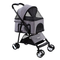 Grey i.Pet pet stroller showing side and front mesh window for air circulation and a sturdy frame.