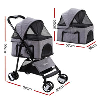 Foldable middle-sized pet stroller in grey with zipped front veil for easy access and ventilation.