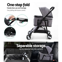Pet stroller demonstrating 3-in-1 function: stroller, carrier, and car seat with secure retention straps.