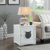 White cat house side table with open door, displaying interior space for pet bed or litter box.