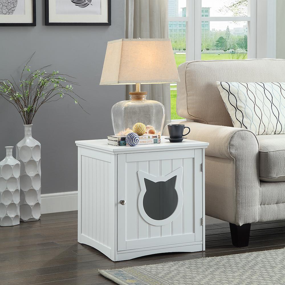 White cat house side table with hinged door opened showing interior space