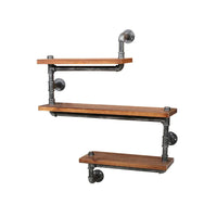 Rustic industrial three-level pipe wall shelf displaying decor and books in modern living room