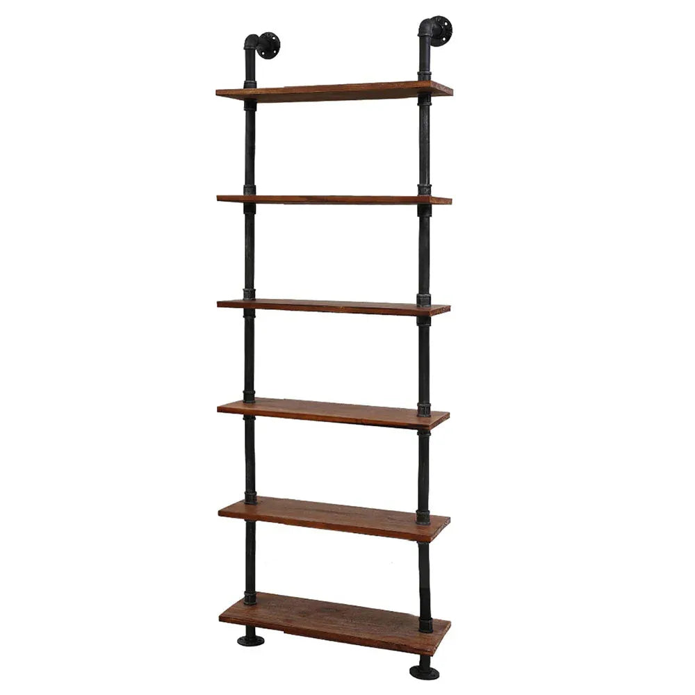 Rustic 6-level industrial pipe shelf made of metal pipes and solid timber displayed in a modern room.
